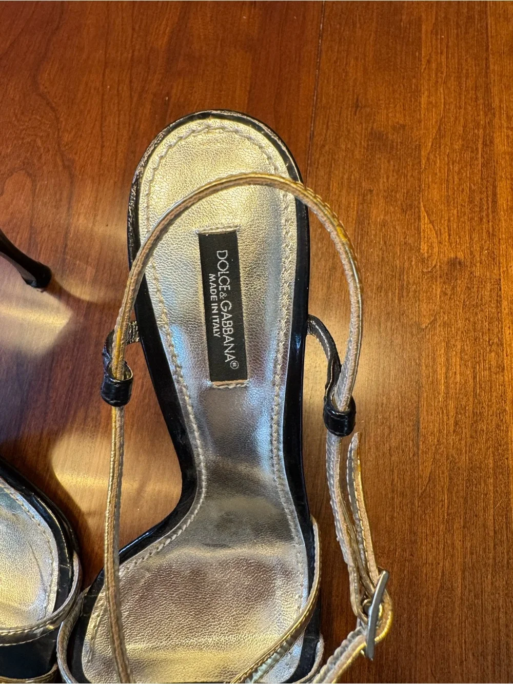 VINTAGE Dolce & Gabbana Gold and Black Strappy Slingback Heels